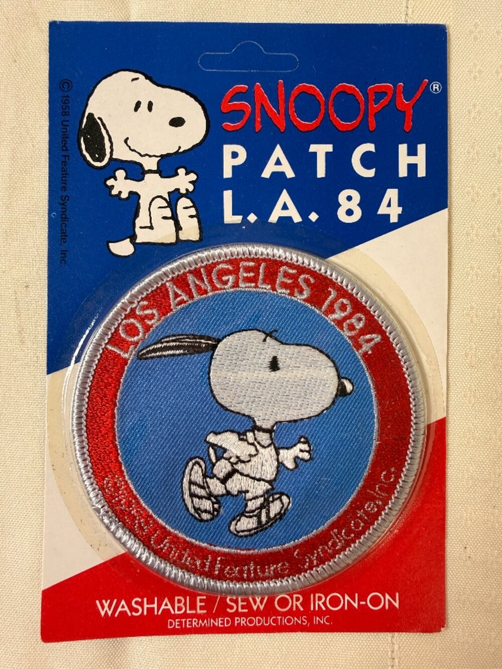Vintage 1984 Snoopy Peanuts Running Iron Sew-on Patch Los Angeles Olympics NEW